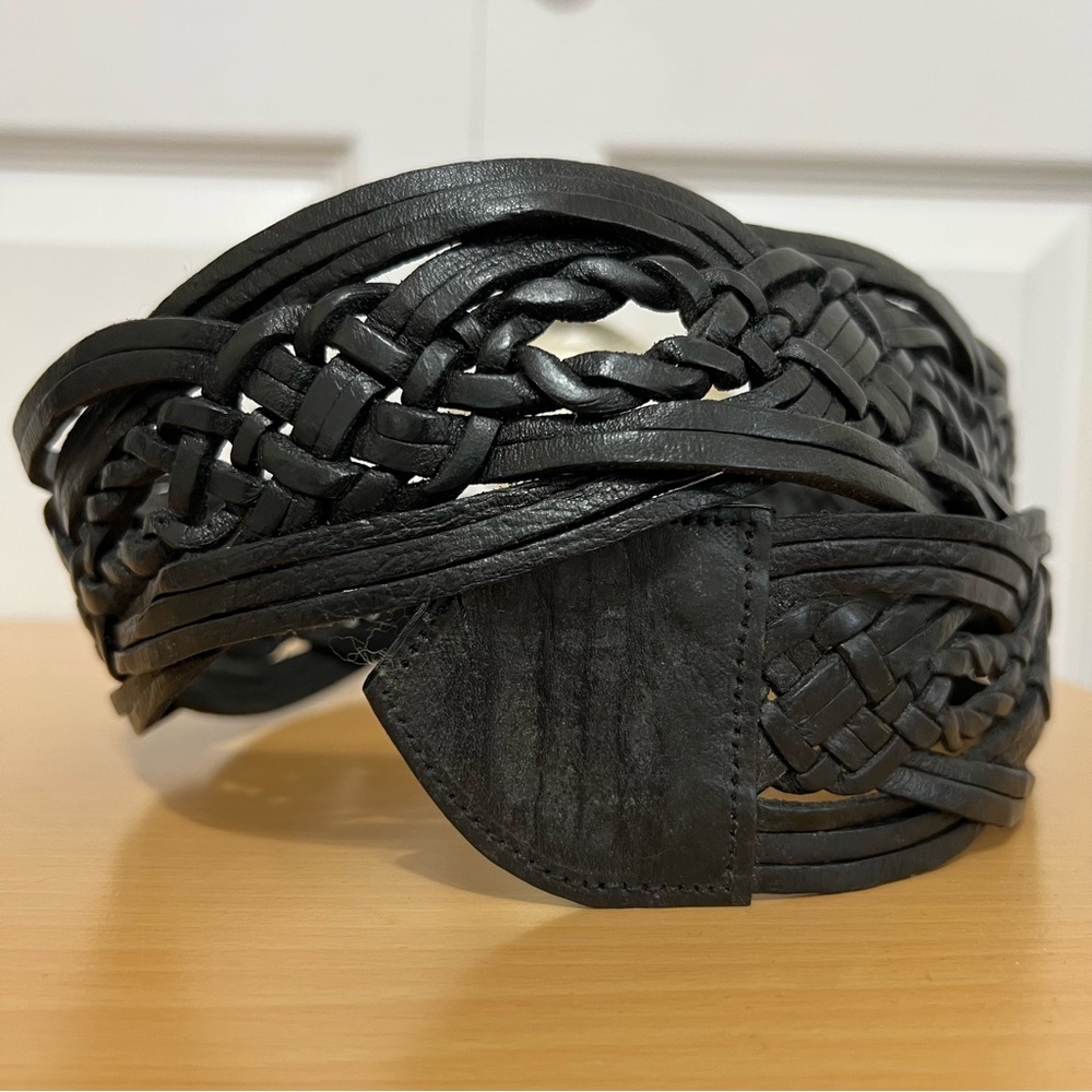 Chico’s Wide Braided Black Leather Belt w/ Large Silver & Brass Metal Buckle S/M - Picture 10 of 15